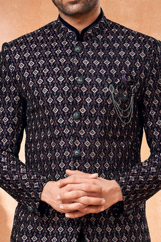 Navy Blue Velvet Bandhgala Jodhpuri (NMK-7225) - Nihal Fashions