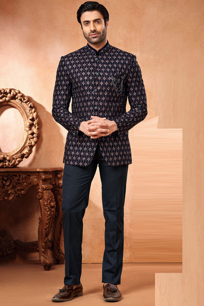 Navy Blue Velvet Bandhgala Jodhpuri (NMK-7225) - Nihal Fashions