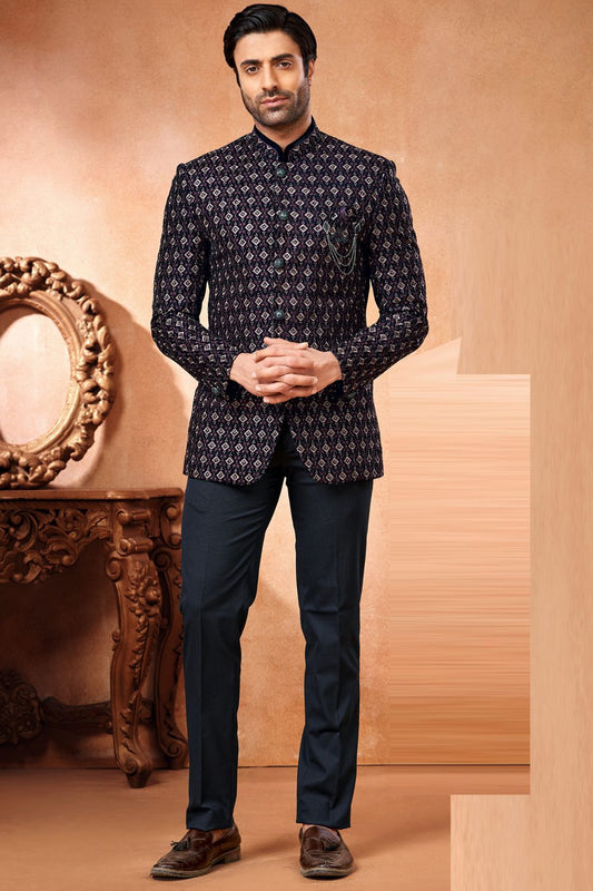 Navy Blue Velvet Bandhgala Jodhpuri (NMK-7225) - Nihal Fashions