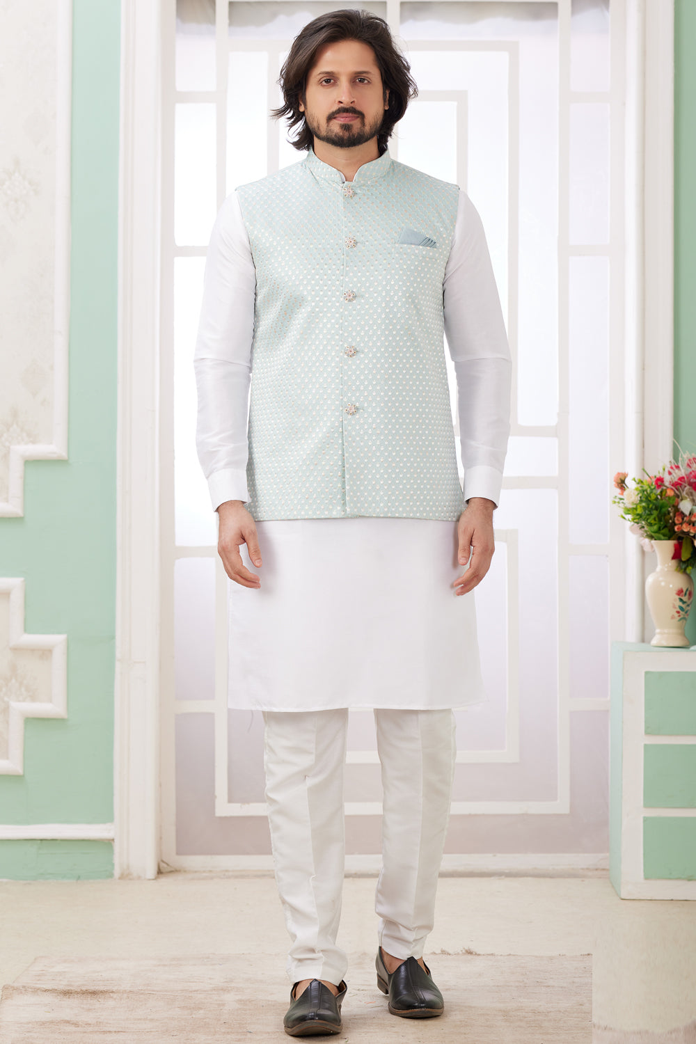 Off White Art Banarasi Silk Jacket Style Kurta (NMK-8564) - Nihal Fashions
