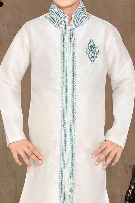 Off White Art Dupion Boys Sherwani (NKK-460)