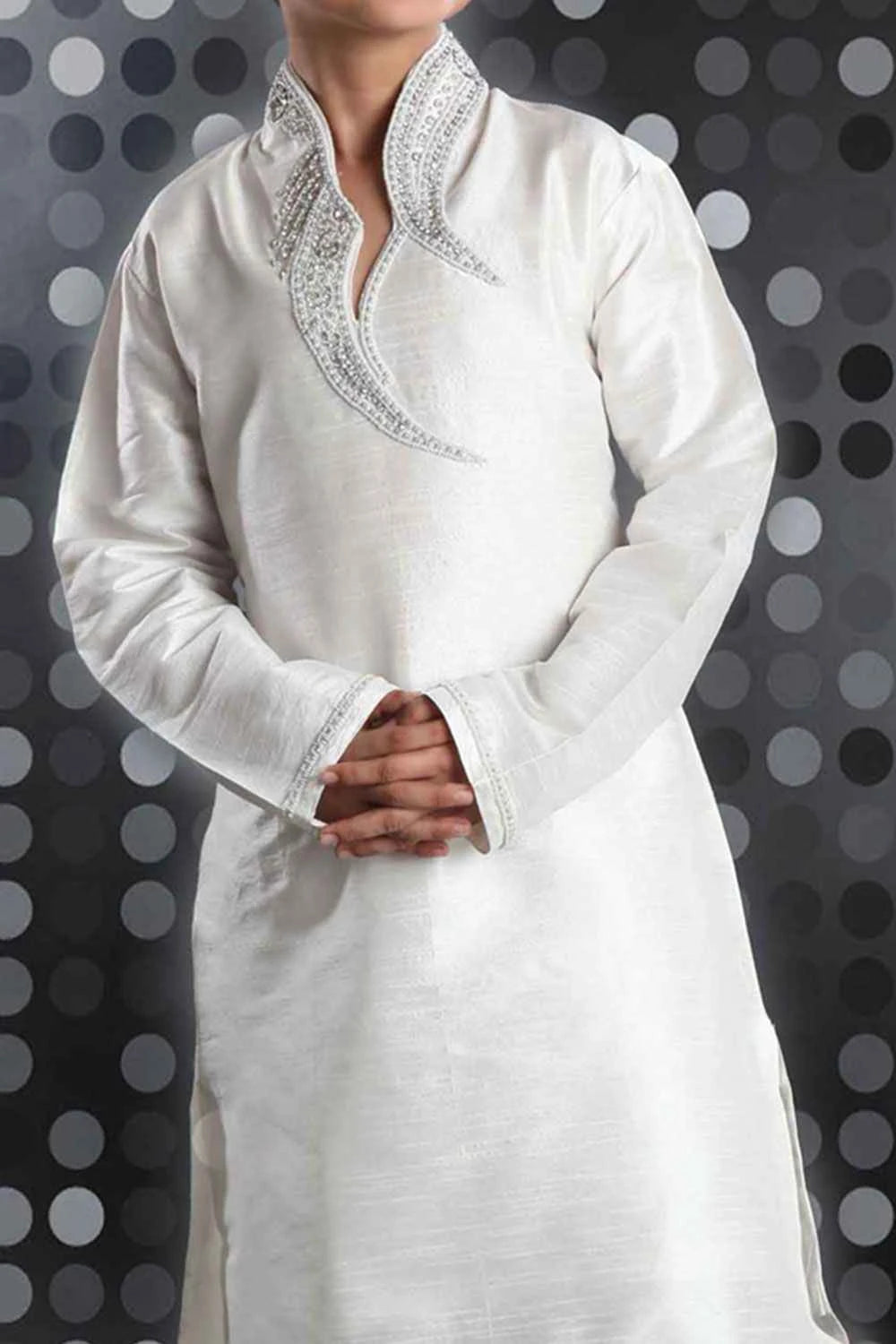 Off White Art Dupion Kids Kurta Pajama (NKK-221)
