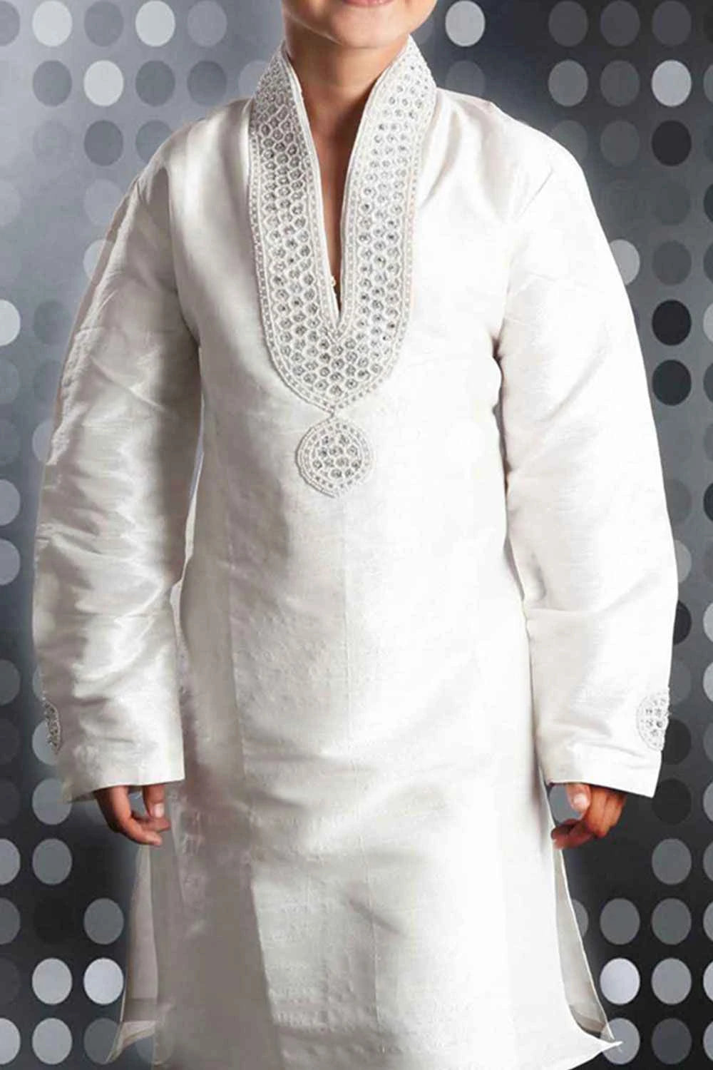 Off White Art Dupion Kids Kurta Pajama (NKK-236)