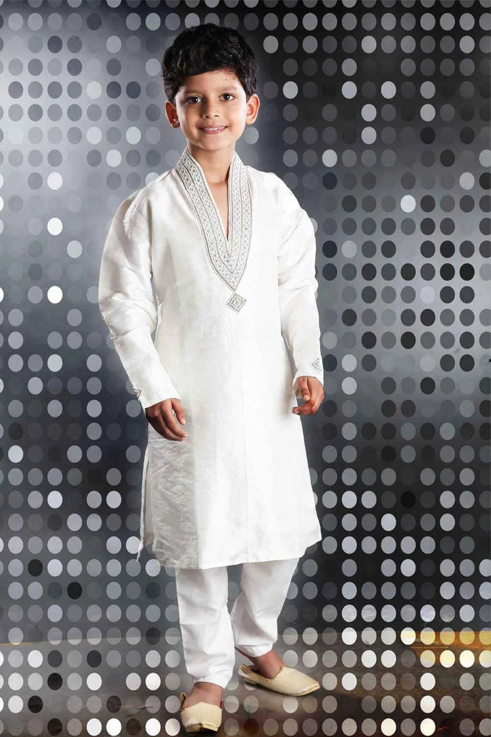 Off White Art Dupion Kids Kurta Pajama (NKK-242)