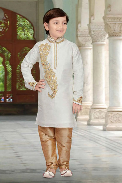 Off White Art Dupion Kids Kurta Pajama (NKK-538)