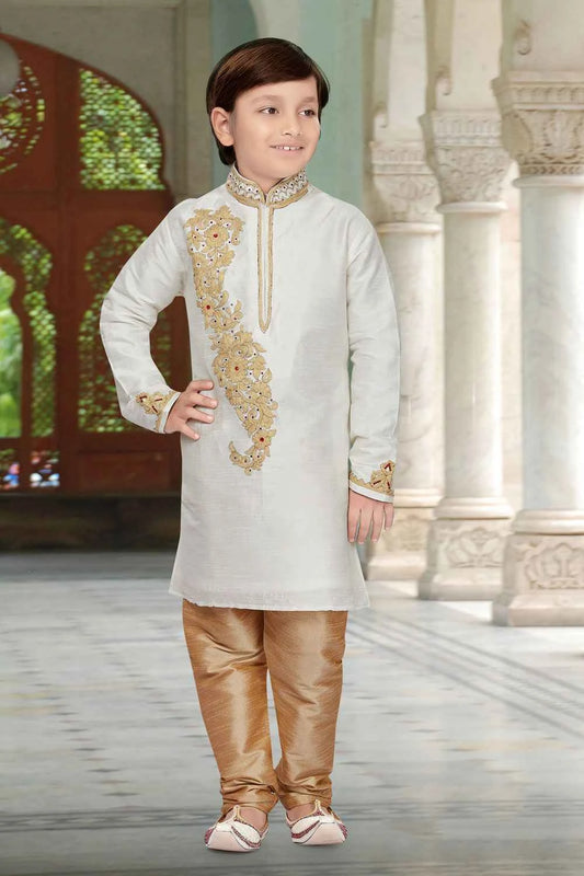 Off White Art Dupion Kids Kurta Pajama (NKK-538)