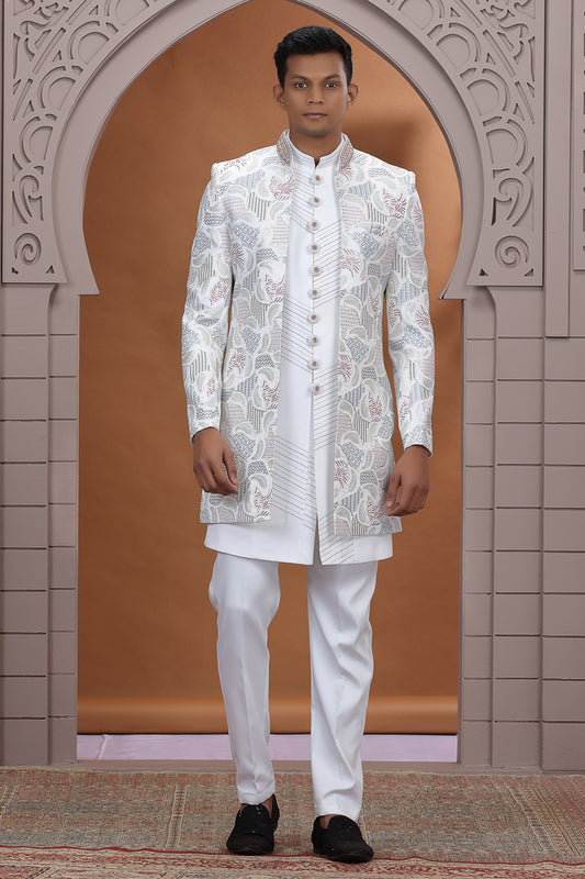 Off White Art Silk 3 piece Indo Western (NMK-8631) - Nihal Fashions