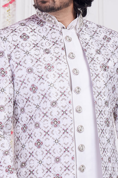 Off White Art Silk 3 piece Jacket Set (NMK-8397) - Nihal Fashions