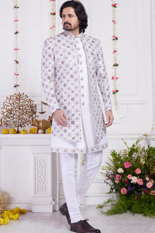 Off White Art Silk 3 piece Jacket Set (NMK-8397) - Nihal Fashions