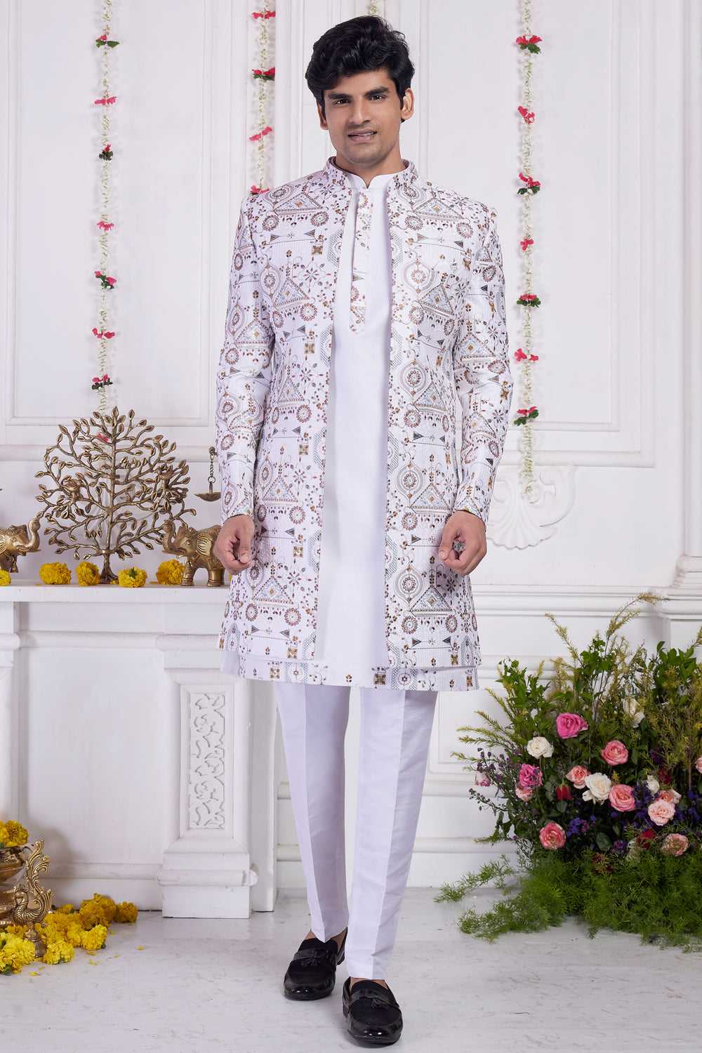 Off White Art Silk 3 piece Mens Jacket Set (NMK-8401) - Nihal Fashions