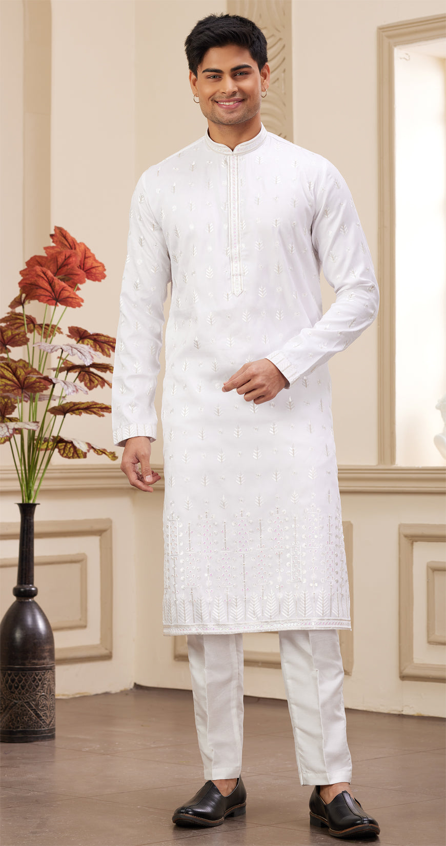 Off White Art Silk Kurta Pajama (NMK-8381) - Nihal Fashions