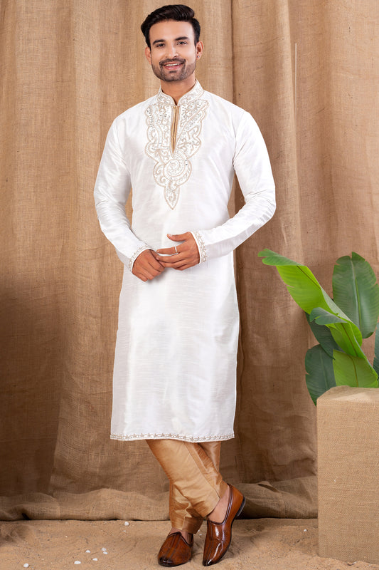Off White Art Silk Kurta Pajama (NMK-8498) - Nihal Fashions