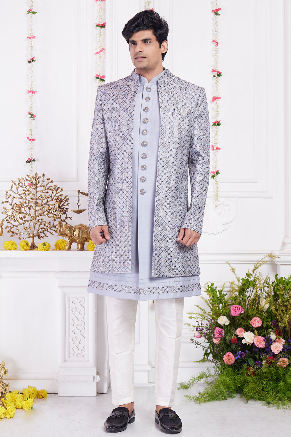 Off White Art Silk Mens 3 piece Jacket Set (NMK-8405) - Nihal Fashions