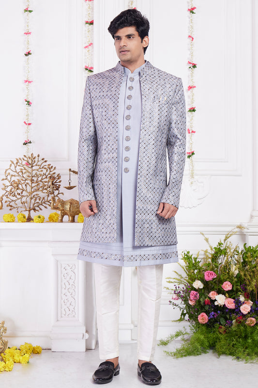 Off White Art Silk Mens 3 piece Jacket Set (NMK-8405) - Nihal Fashions