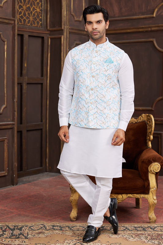 Off White Art Silk Mens Nehru Jacket (NMK-7953) - Nihal Fashions