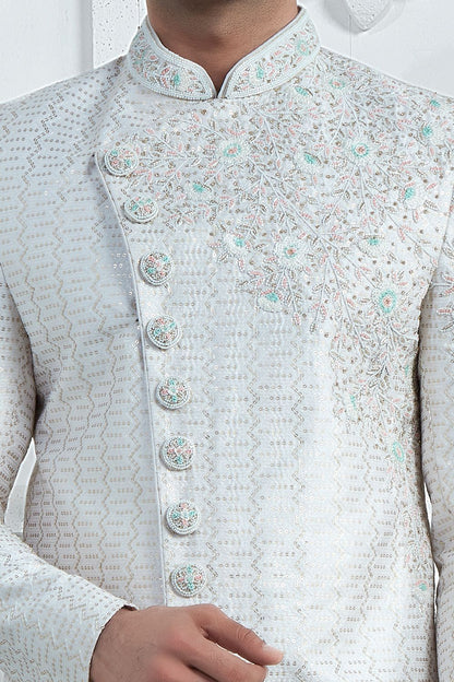 Off White Art Silk Mens Sherwani (NMK-7706) - Nihal Fashions
