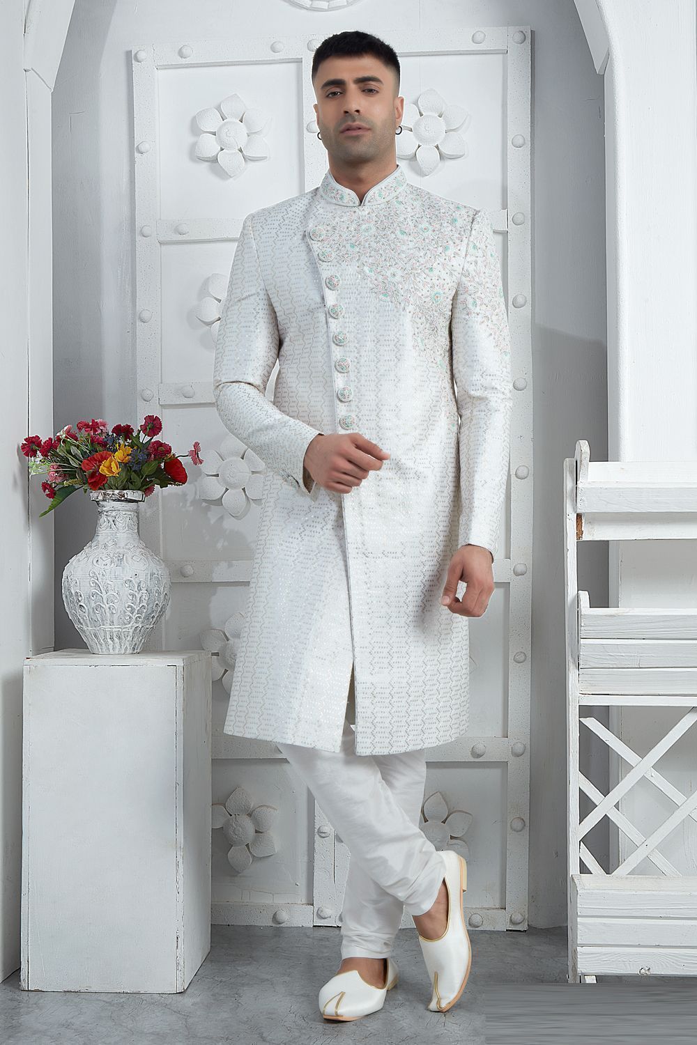 Off White Art Silk Mens Sherwani (NMK-7706) - Nihal Fashions
