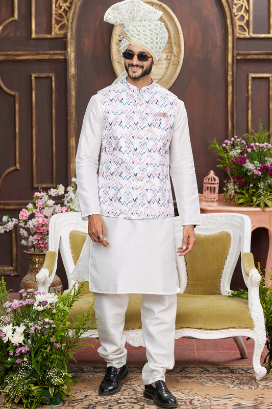 Off White Art Silk Nehru Jacket (NMK-7943) - Nihal Fashions