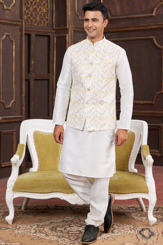 Off White Art Silk Nehru Jacket (NMK-7954) - Nihal Fashions