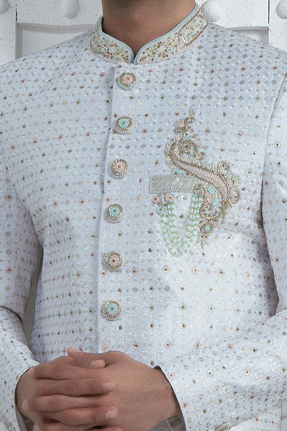 Off White Art Silk Sherwani for Men (NMK-7708) - Nihal Fashions