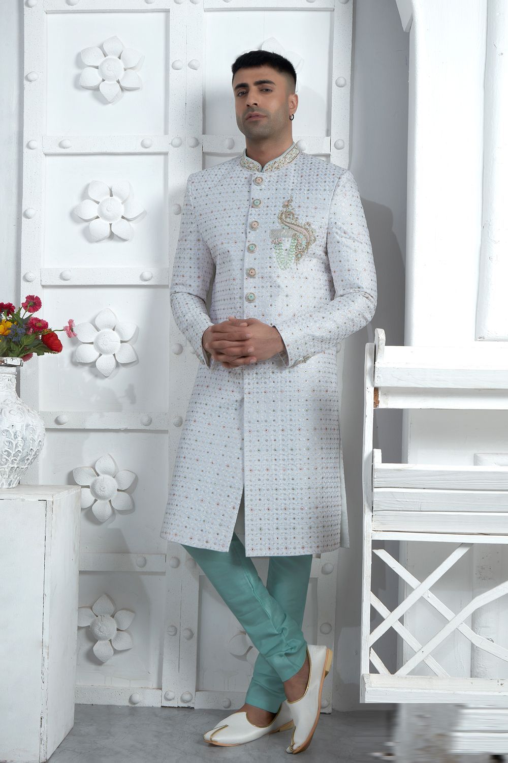 Off White Art Silk Sherwani for Men (NMK-7708) - Nihal Fashions