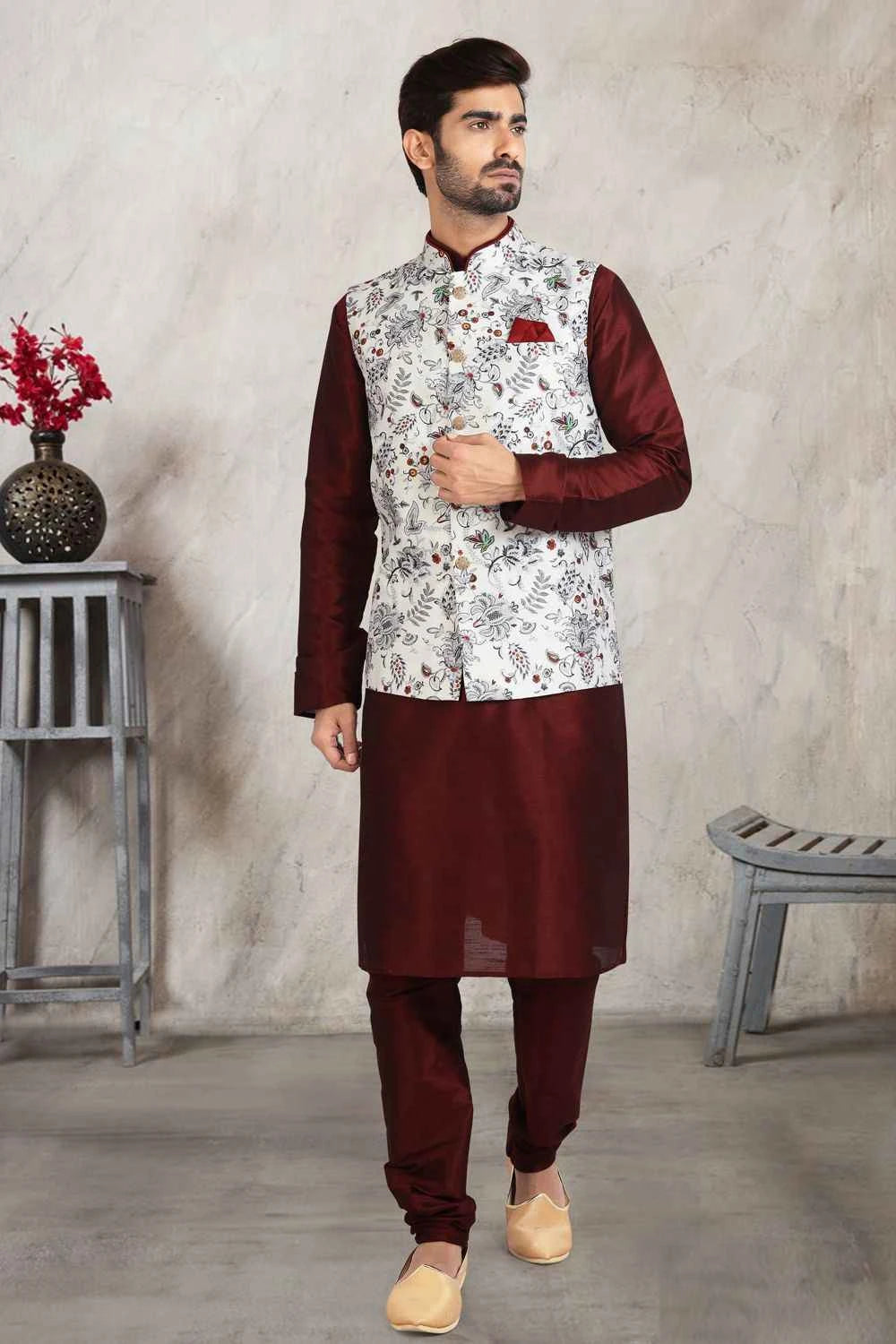 Off White Banarasi Silk Nehru Jacket (NMK-5677)