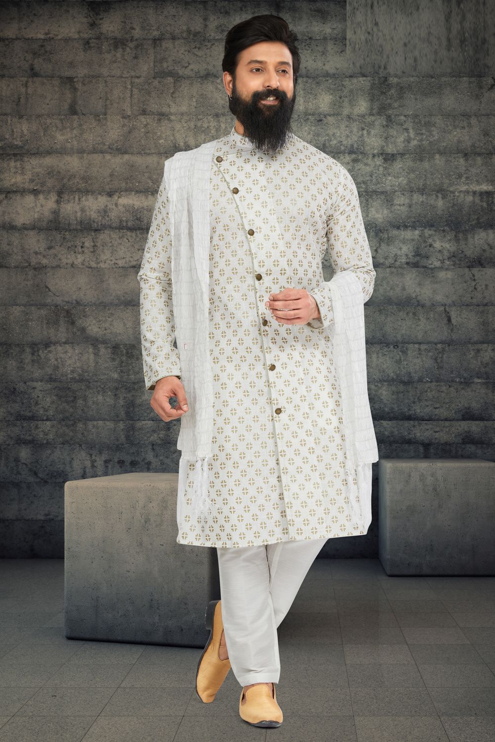 Off White Cotton Silk Indo Western (NMK-6790) - Nihal Fashions