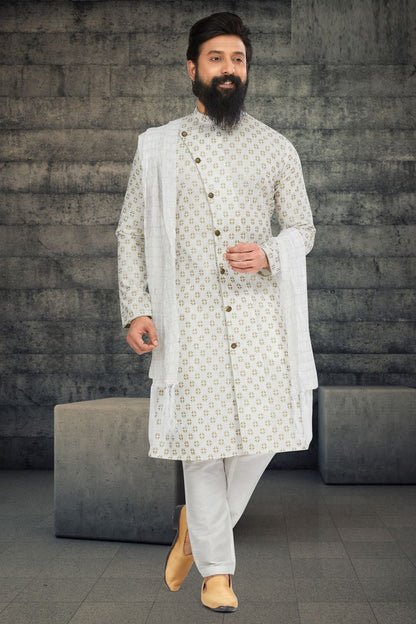 Off White Cotton Silk Indo Western (NMK-6790) - Nihal Fashions