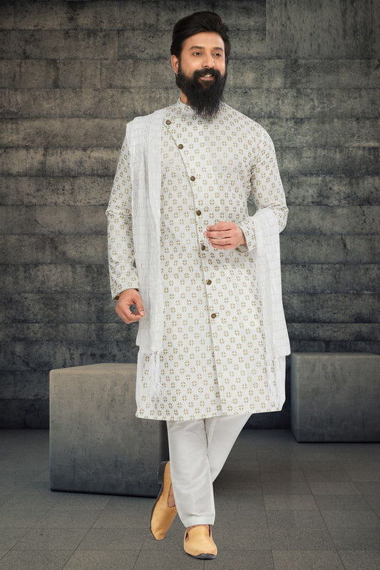 Off White Cotton Silk Indo Western (NMK-6790) - Nihal Fashions