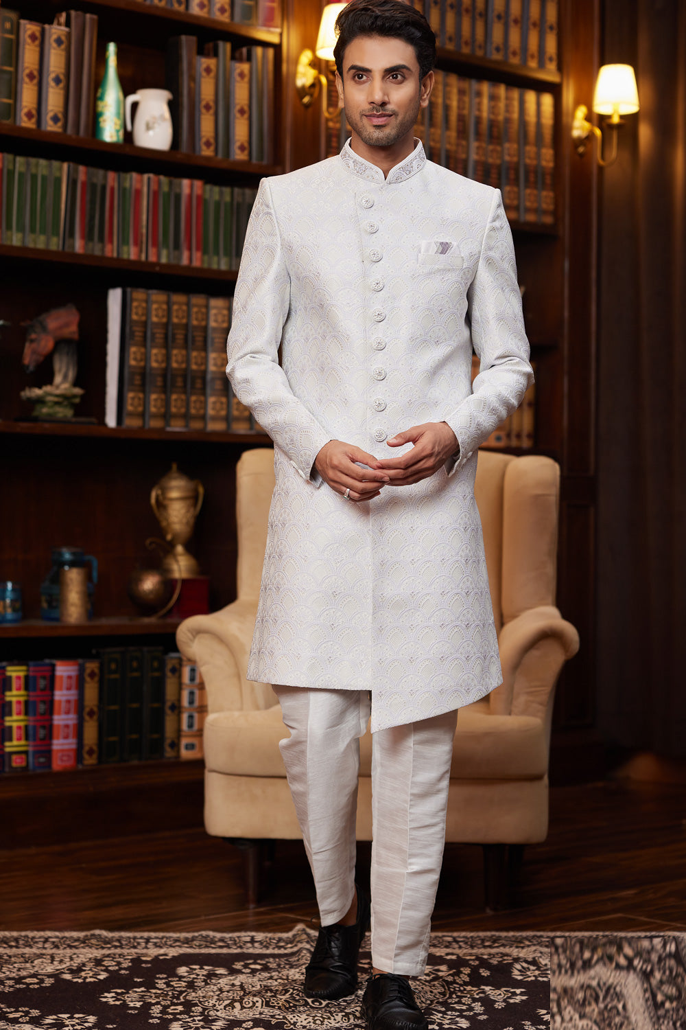 Off White Imported Jaquard Silk Indo Western (NMK-8287) - Nihal Fashions