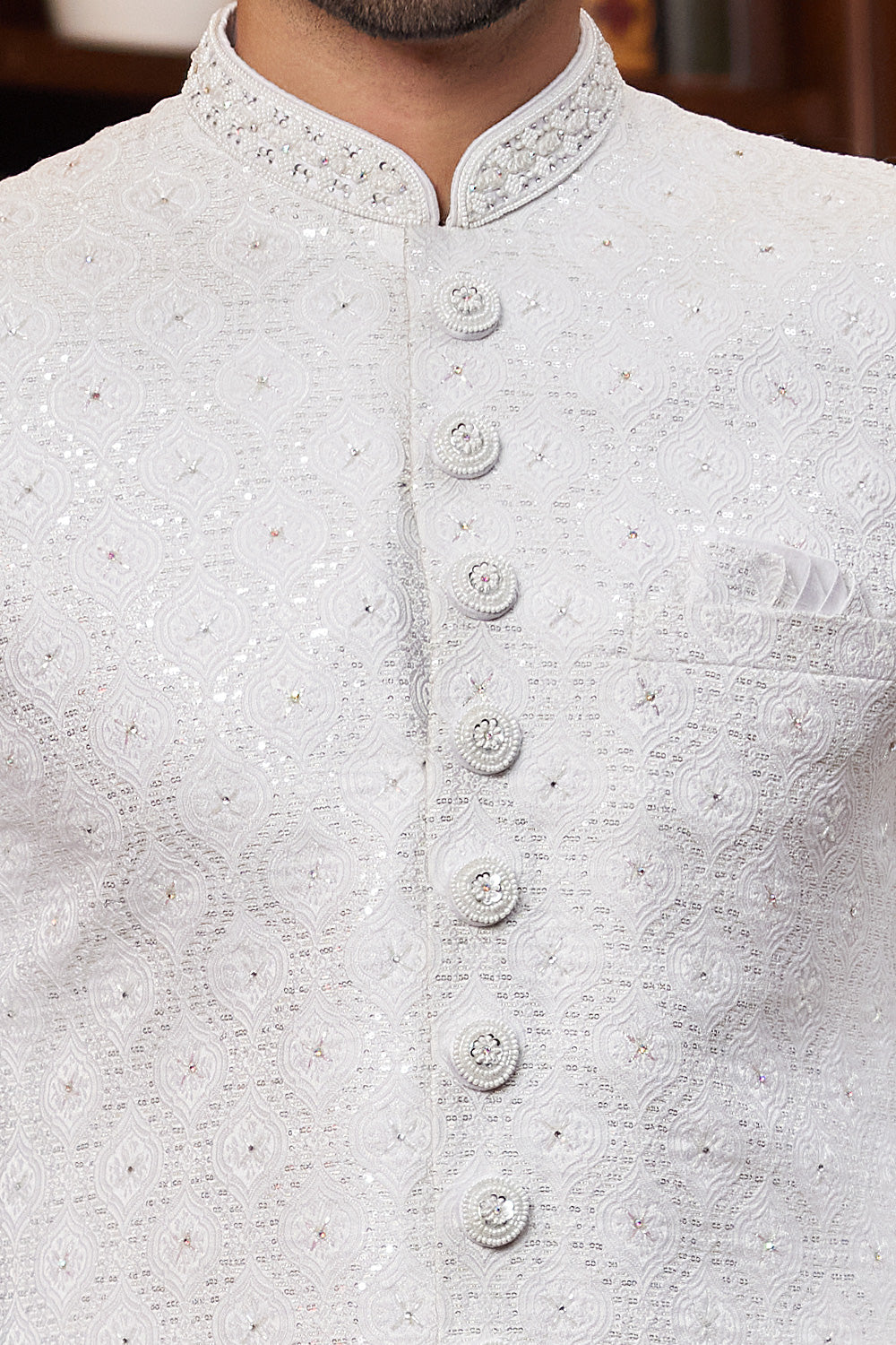Off White Imported Jaquard Silk Sherwani (NMK-8281) - Nihal Fashions