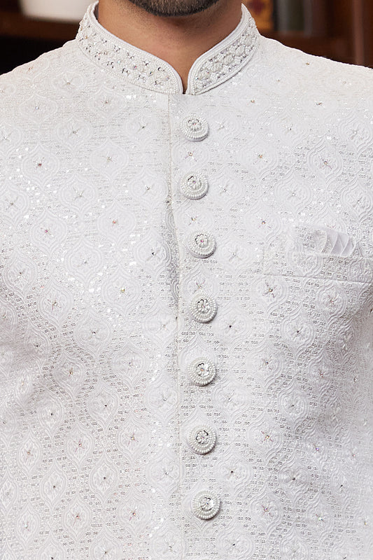 Off White Imported Jaquard Silk Sherwani (NMK-8281) - Nihal Fashions