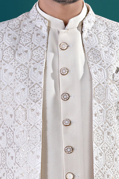 Off White Imported kurta with jacket (NMK-8439) - Nihal Fashions