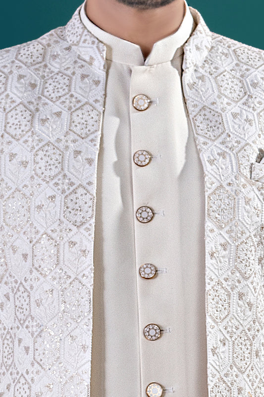 Off White Imported kurta with jacket (NMK-8439) - Nihal Fashions