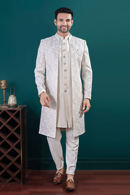 Off White Imported kurta with jacket (NMK-8439) - Nihal Fashions