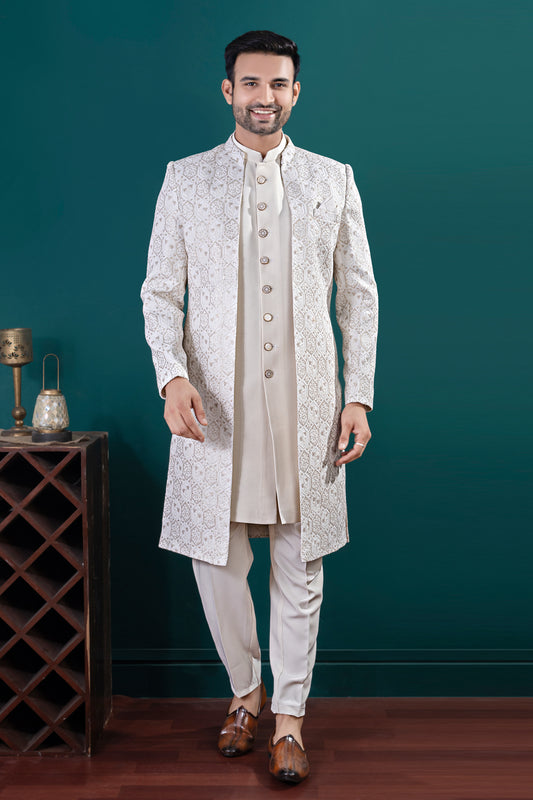 Off White Imported kurta with jacket (NMK-8439) - Nihal Fashions