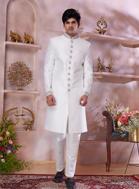 Off White Jaquard Banarasi Silk Sherwani (NMK-8307) - Nihal Fashions