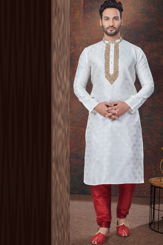 Off White Jaquard Kurta for Men (NMK-7836) - Nihal Fashions