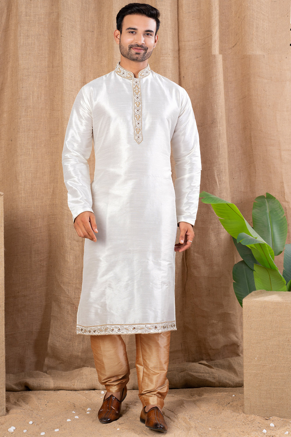 Off White Jaquard Kurta Pajama (NMK-8502) - Nihal Fashions