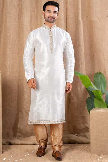 Off White Jaquard Kurta Pajama (NMK-8502) - Nihal Fashions