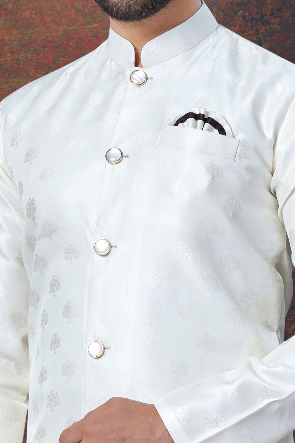 Off White Jaquard Mens Indo Western (NMK-7849) - Nihal Fashions