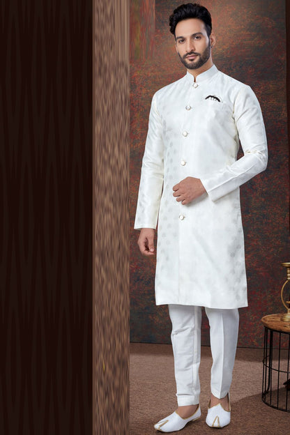 Off White Jaquard Mens Indo Western (NMK-7849) - Nihal Fashions