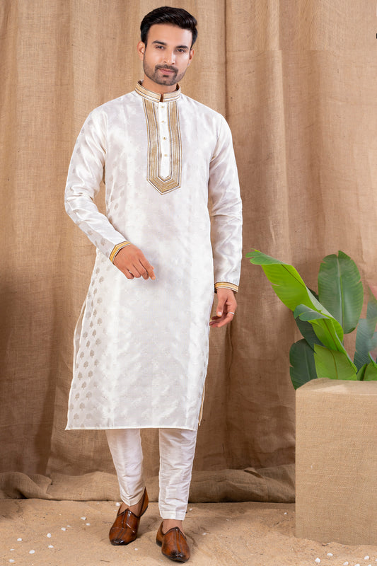 Off White Jaquard Mens Kurta Pajama (NMK-8515) - Nihal Fashions