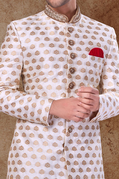 Off White Jaquard Mens Sherwani (NMK-6772) - Nihal Fashions