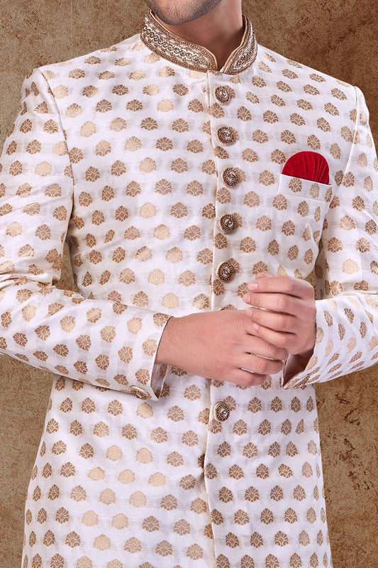 Off White Jaquard Mens Sherwani (NMK-6772) - Nihal Fashions