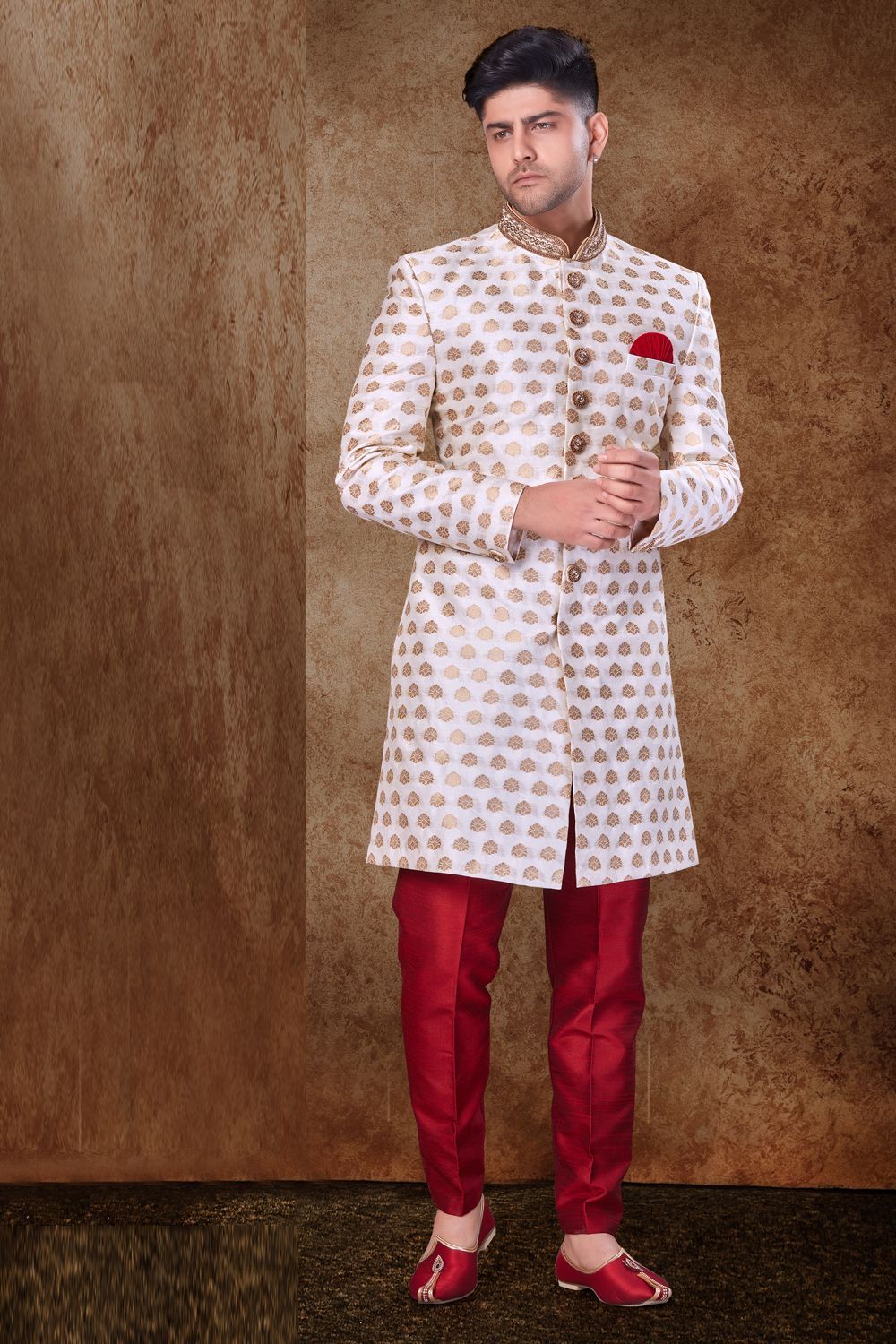 Off White Jaquard Mens Sherwani (NMK-6772) - Nihal Fashions
