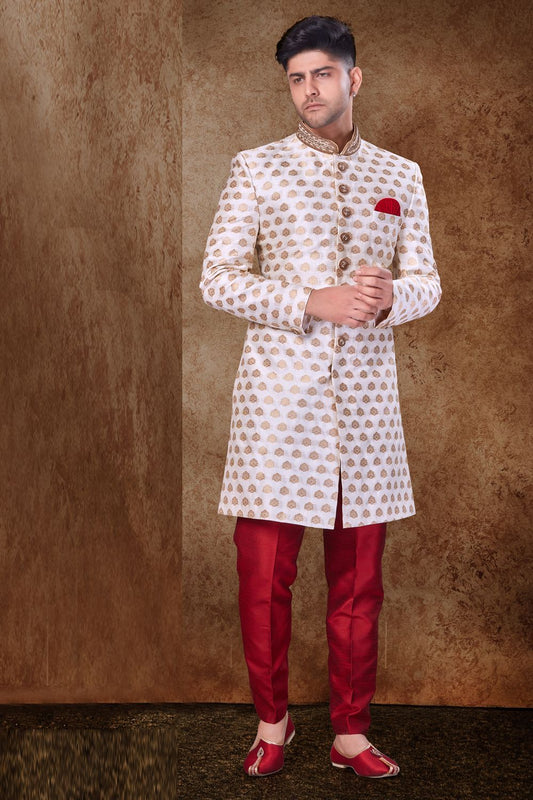 Off White Jaquard Mens Sherwani (NMK-6772) - Nihal Fashions