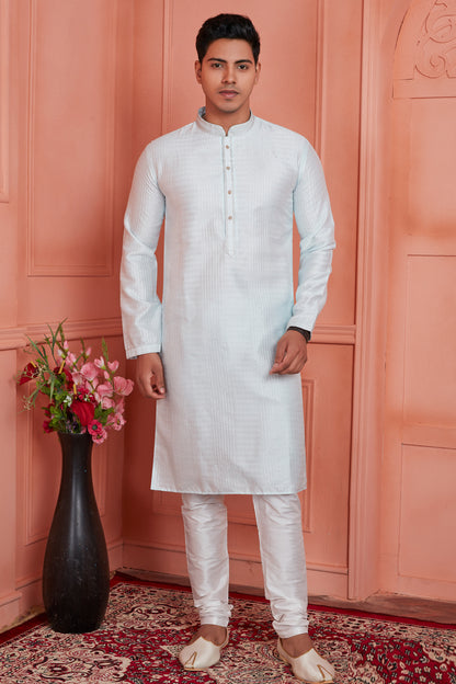 Off White Jaquard Silk Brocade Kurta Pajama (NMK-8146) - Nihal Fashions
