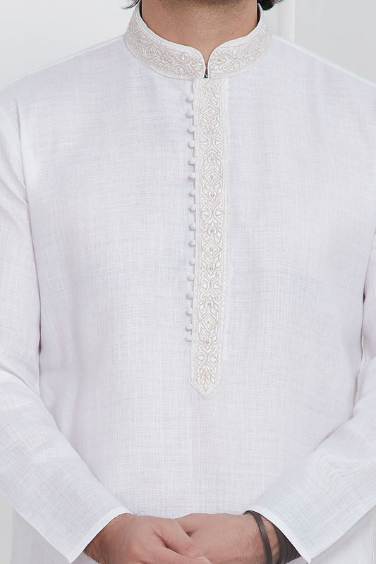 Off White Linen Cotton Kurta Pajama (NMK-7600) - Nihal Fashions