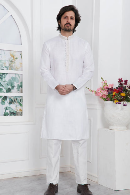 Off White Linen Cotton Kurta Pajama (NMK-7600) - Nihal Fashions